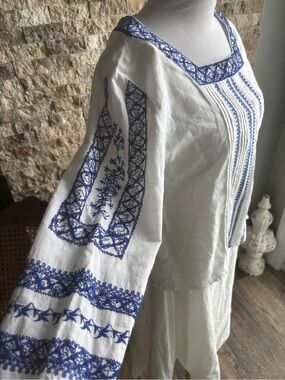 White Linen Peasant Blouse with Blue Embroidery